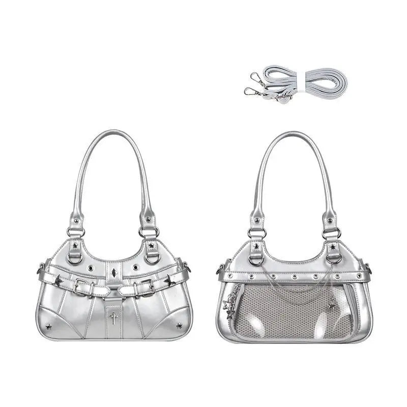 Clear Harajuku Yıldız Ita bag with star design, Y2K style, transparent shoulder bag from eprolo.