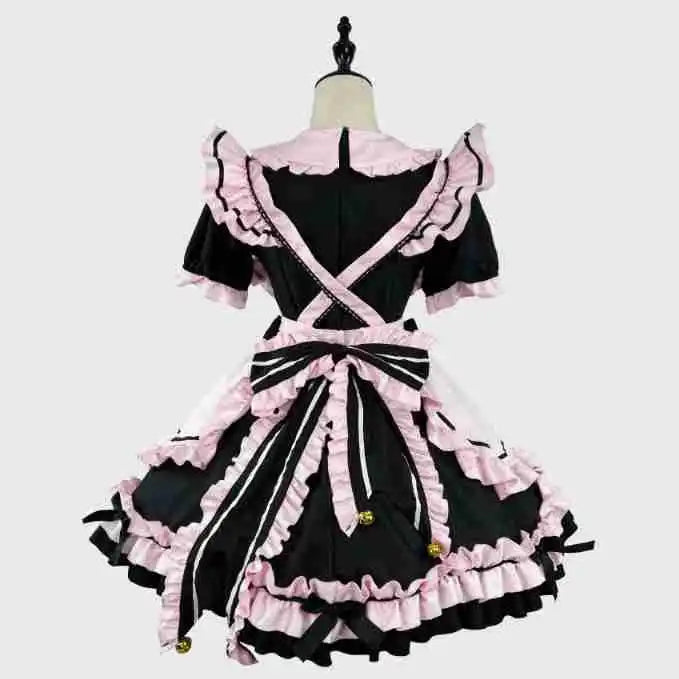 Kawaii maid cosplay dress by eprolo featuring a black and white French maid style with lace details and a bow.