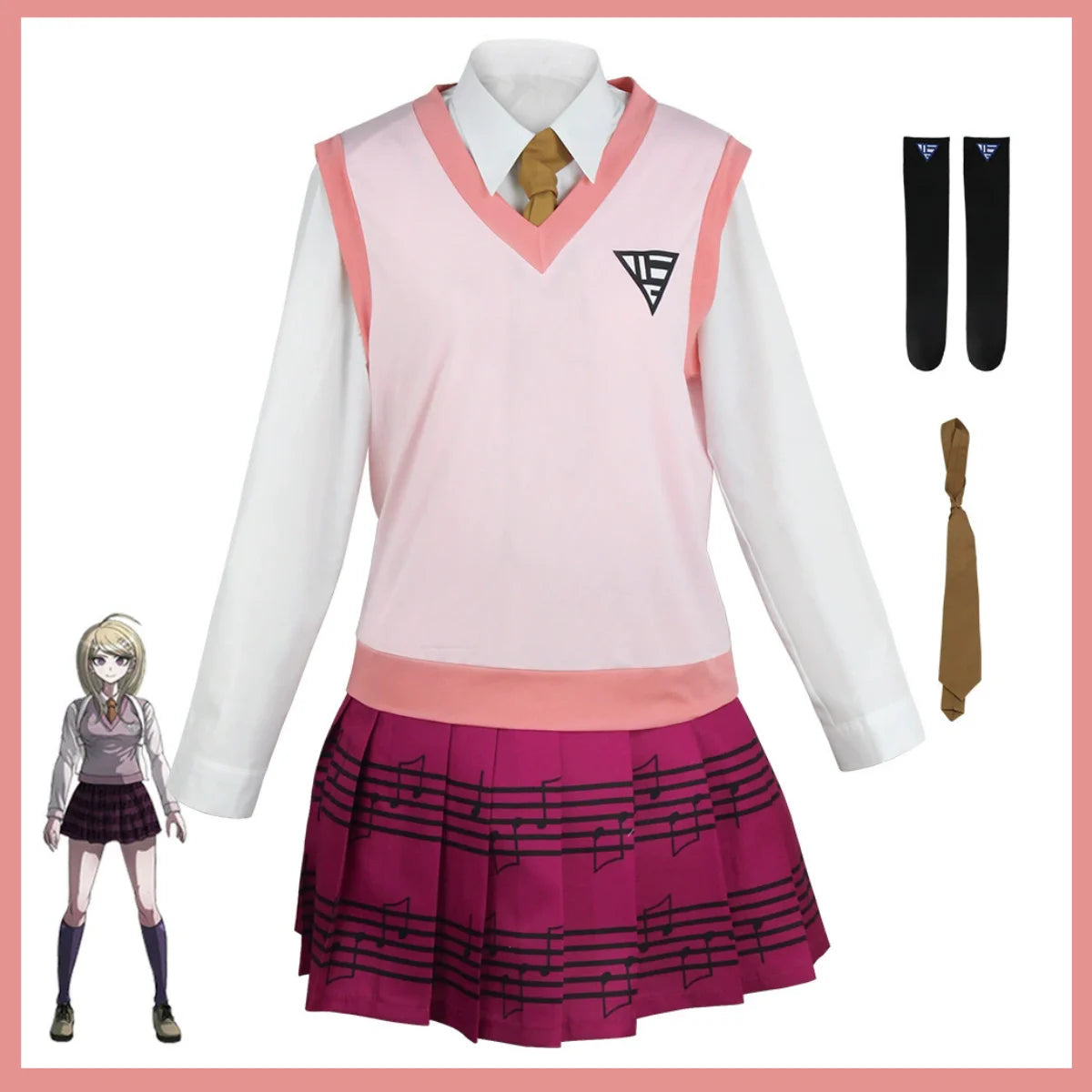 Kaede Akamatsu cosplay and wig from Danganronpa, featuring her signature hairstyle and costume details in a realistic style.