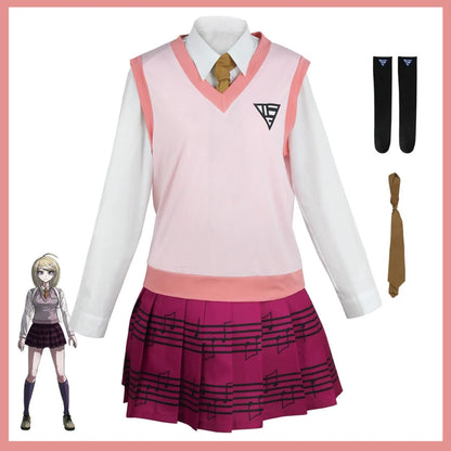 Kaede Akamatsu cosplay and wig from Danganronpa, featuring her signature hairstyle and costume details in a realistic style.