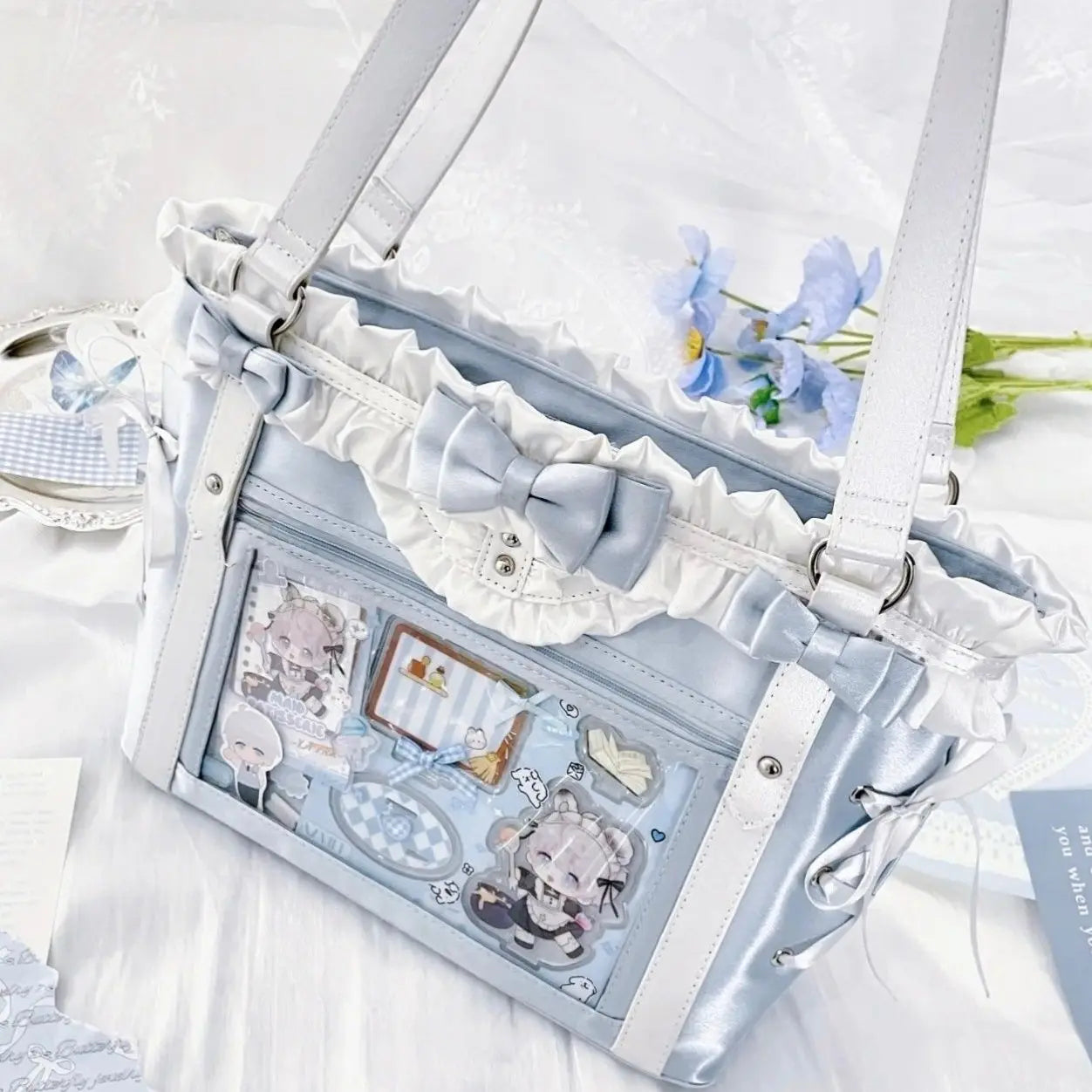 Eprolo Lolita Fiyonklu Ita Bag with pink bow and floral design, featuring a glossy finish and decorative details.