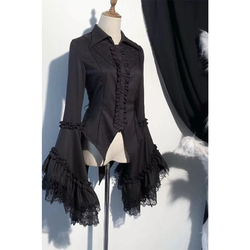 Black Gothic Victorian blouse with lace details and long sleeves, stylish eprolo long-sleeve shirt for gothic fashion.