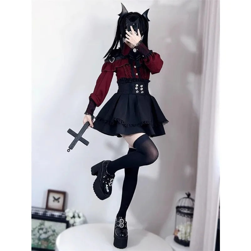 Eprolo Jirai Kei Lolita Kawaii shirt and skirt set with cute, colorful design and layered style, perfect for kawaii fashion look.