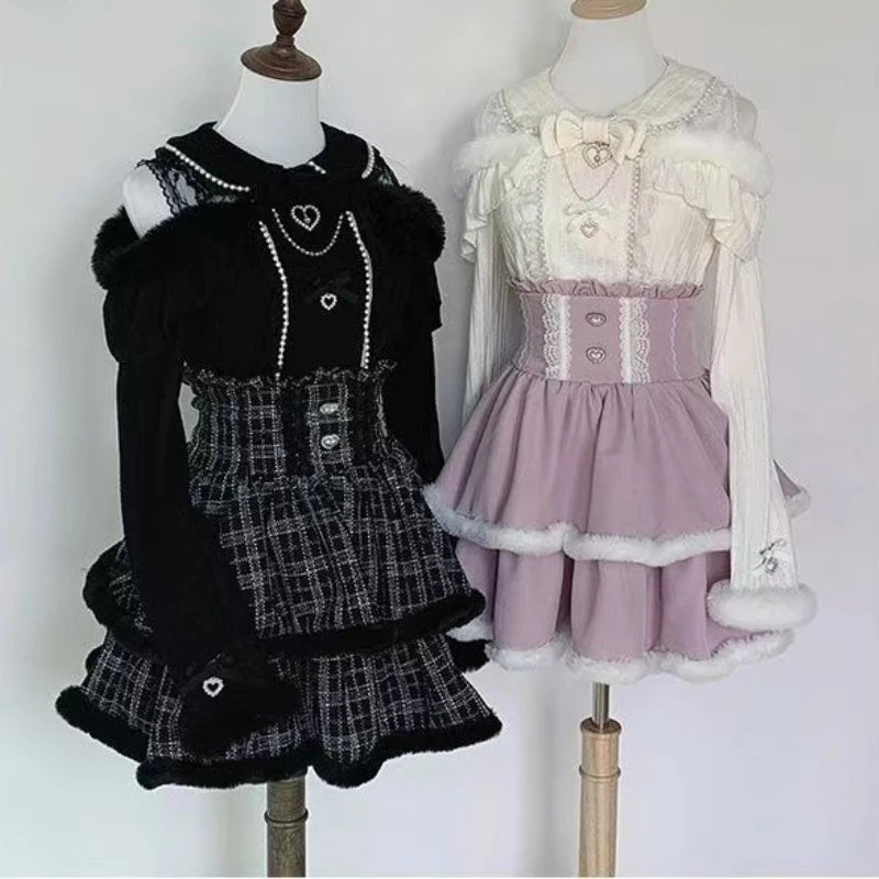 Japon Stil Lolita Dantel Fiyonk Mini Etek & Bluz