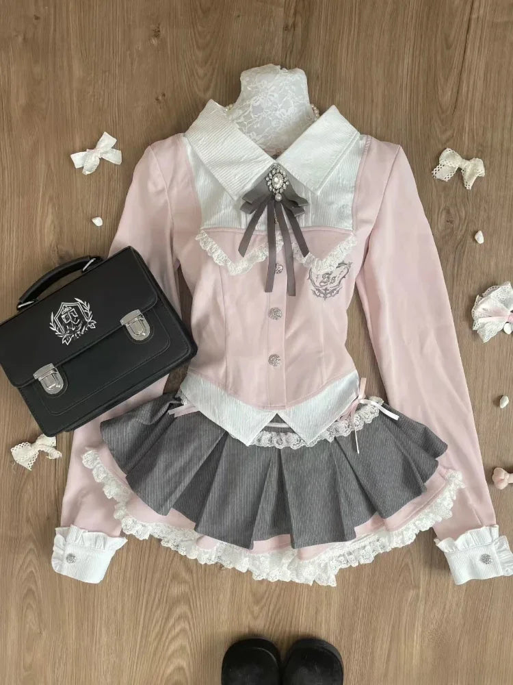 Eprolo long sleeve blouse with lace details paired with a matching mini skirt, showcasing elegant fashion set.