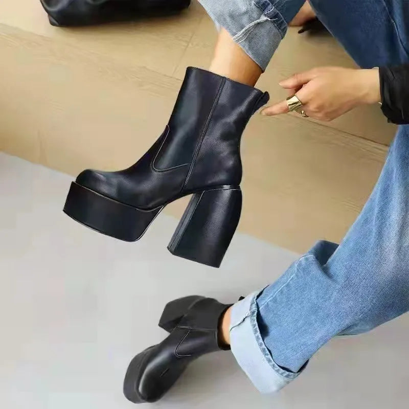 Eprolo women's long platform boots with chunky heels, black leather design, and knee-high length for stylish winter wear.