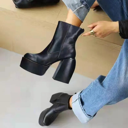 Eprolo women's long platform boots with chunky heels, black leather design, and knee-high length for stylish winter wear.