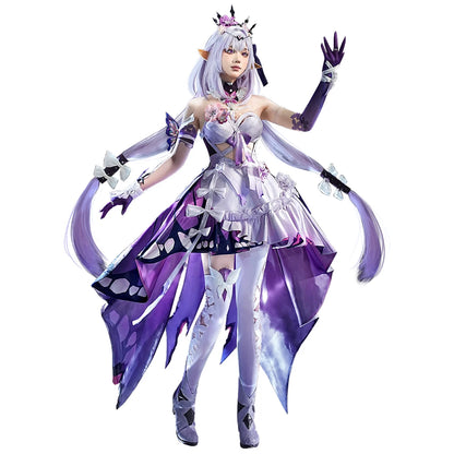 SR Kalite Castorice cosplay with matching wig from Honkai: Star Rail, featuring detailed costume and vibrant hair accessory.