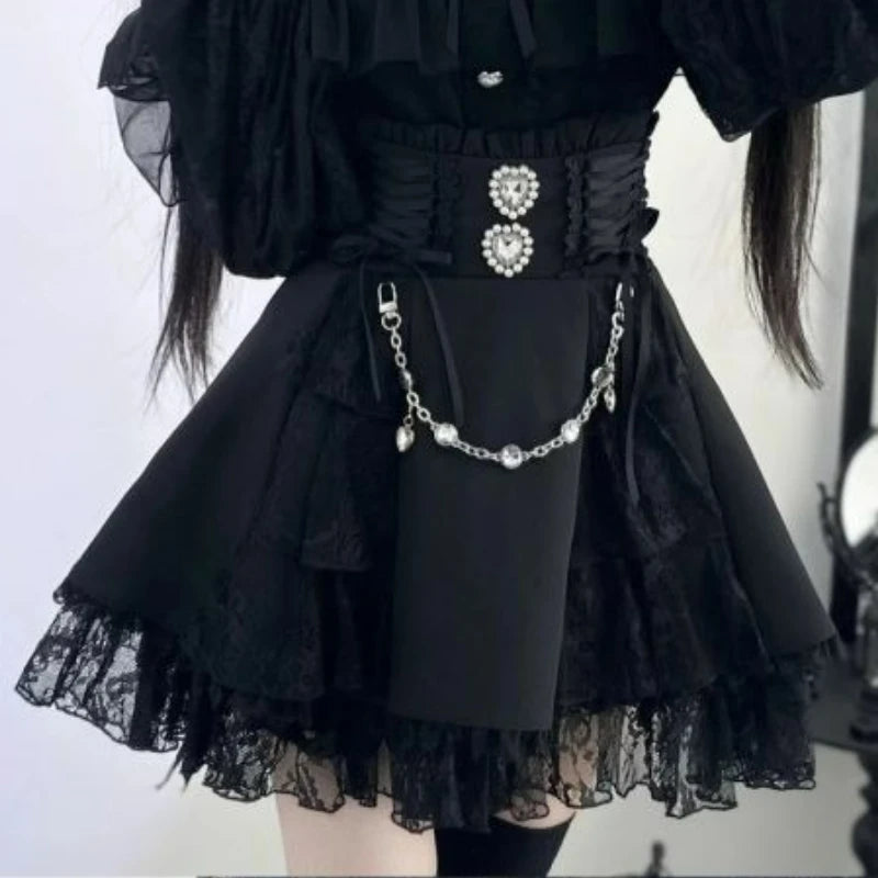 Eprolo Japon Gotik mini etek with lace and gemstone details, Y2K Lolita style, kawaii short skirt with intricate design.
