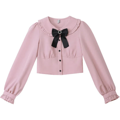Pink Jirai Kei Lolita dress set with bow details, featuring a cute and elegant design, perfect for cosplay or themed events.