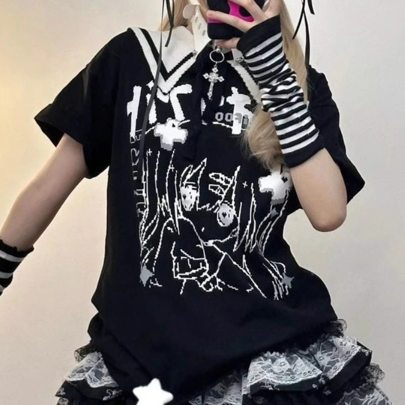 Vintage Lolita T-shirt and skirt set by eprolo featuring Japanese-inspired design with soft fabric and intricate details.