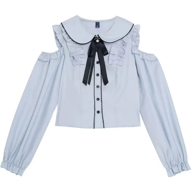 Eprolo Jirai Kei Fiyonklu off-shoulder blouse and black skirt set, stylish fashion ensemble with flowing fabric and elegant design