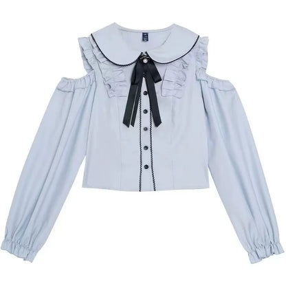 Eprolo Jirai Kei Fiyonklu off-shoulder blouse and black skirt set, stylish fashion ensemble with flowing fabric and elegant design