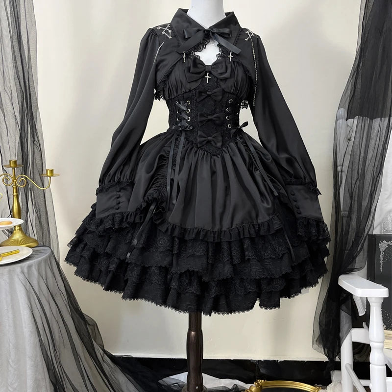 Elegant black gothic Lolita dress two-piece set by eprolo, featuring lace and ruffled details, perfect for alternative fashion.