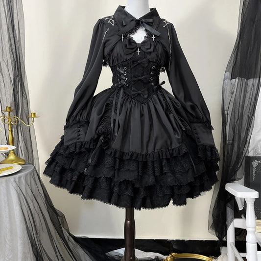 Elegant black gothic Lolita dress two-piece set by eprolo, featuring lace and ruffled details, perfect for alternative fashion.