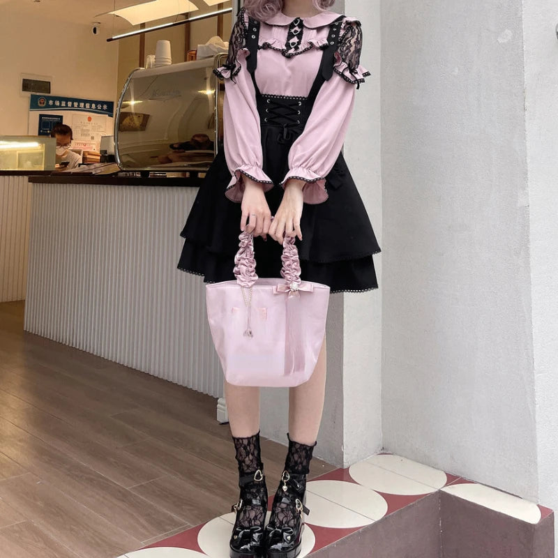 Pink and black Lolita blouse and skirt set with ruffle details, elegant and girly fashion by eprolo.