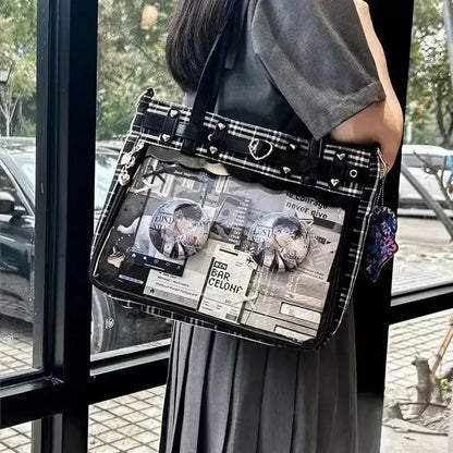 Eprolo Ekose desenli şeffaf cepli Ita bag, modern tasarımlı ve transparent yapıya sahip, iç kısmı ve cepleri görünür.