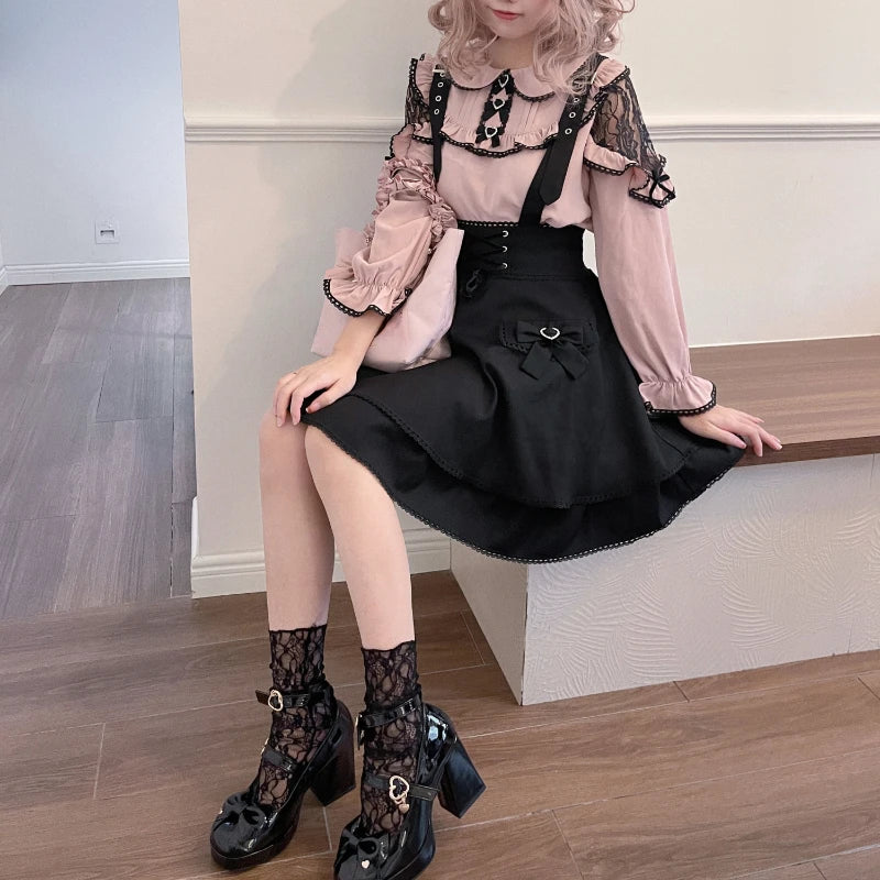 Pink and black Lolita blouse and skirt set with frills, featuring elegant ruffle details, by eprolo.