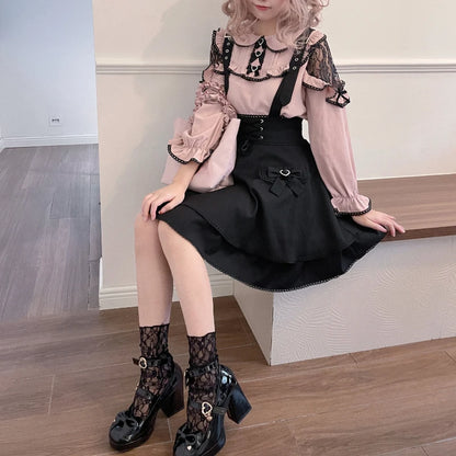 Pink and black Lolita blouse and skirt set with frills, featuring elegant ruffle details, by eprolo.
