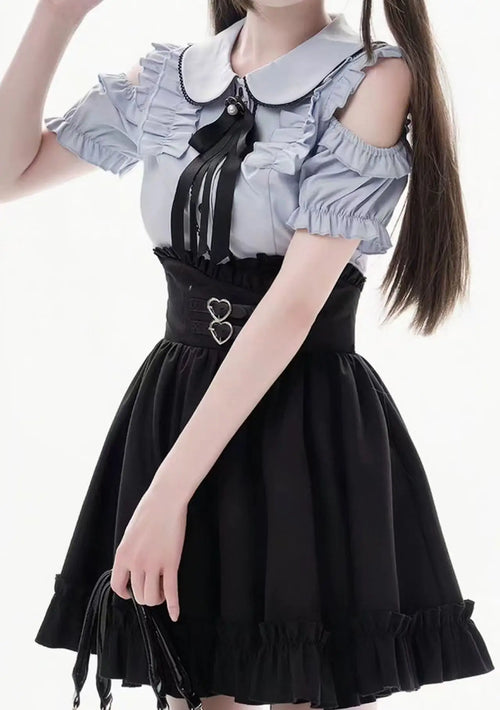 Eprolo Jirai Kei Fiyonklu off-shoulder blouse and black skirt set, stylish and elegant women's clothing ensemble.