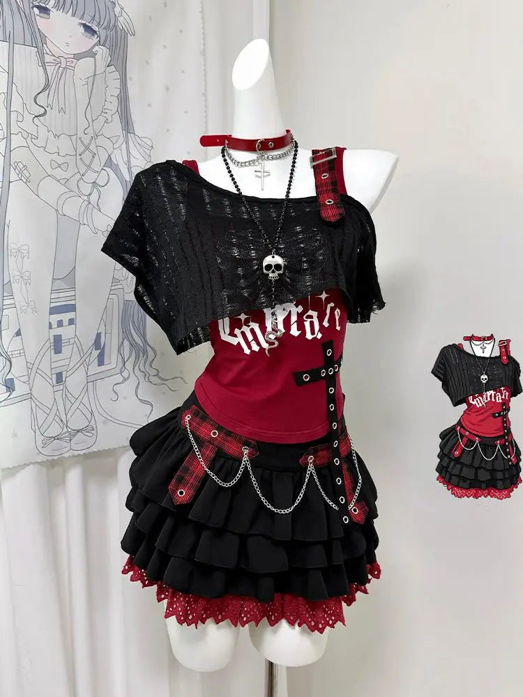 Eprolo punk tarz yelek üst etek kombin seti featuring a stylish sleeveless vest and matching skirt ensemble.
