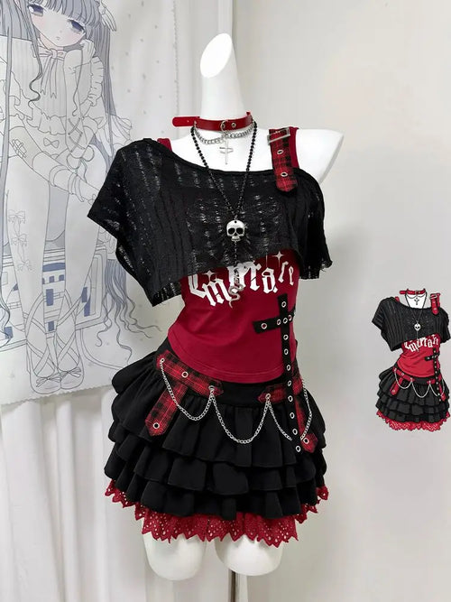 Eprolo punk tarz yelek üst etek kombin seti featuring a stylish sleeveless vest and matching skirt ensemble.
