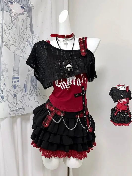 Eprolo punk tarz yelek üst etek kombin seti featuring a stylish sleeveless vest and matching skirt ensemble.