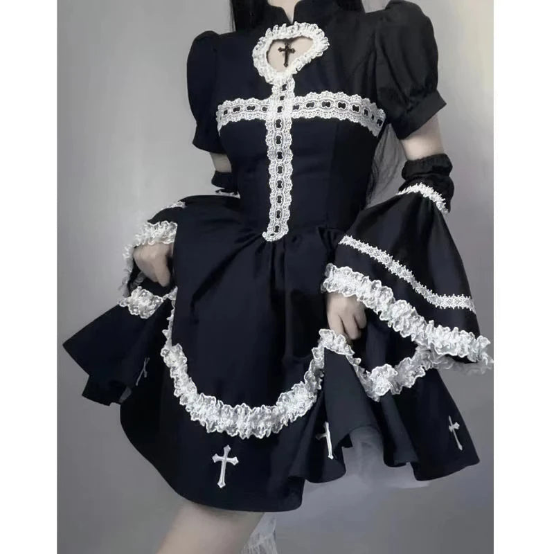 Eprolo black lace-detailed mini dress with puff sleeves, stylish and elegant for fashionable occasions.