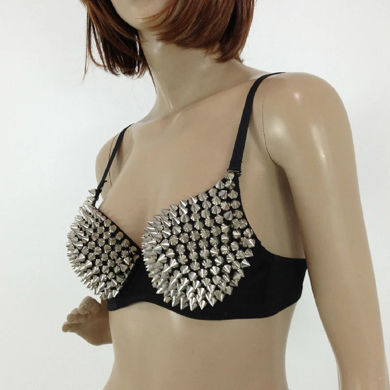 Black gothic Spike detaylı sütyen by eprolo featuring spike embellishments and intricate lace detailing.
