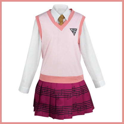 Kaede Akamatsu cosplay with wig from Danganronpa, featuring her signature school uniform and short brown hair.