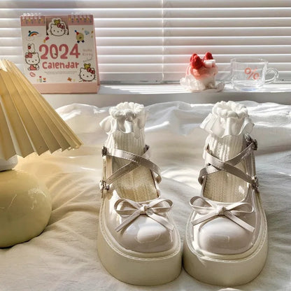 Eprolo Lolita Platform Mary Jane shoes with pink bows, featuring a chunky heel and classic design, on a white background.