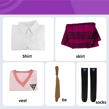 Kaede Akamatsu cosplay costume with wig from Danganronpa, featuring character-specific hair and outfit details in high-quality image.