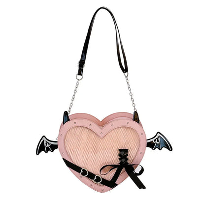 Eprolo Kalp Yarasa Ita Çanta showing a heart-shaped bat design with black and red colors, made from durable fabric.