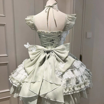 Eprolo Zarif Mini Lolita dress in pastel pink with lace details and ruffled sleeves, displayed on a mannequin.