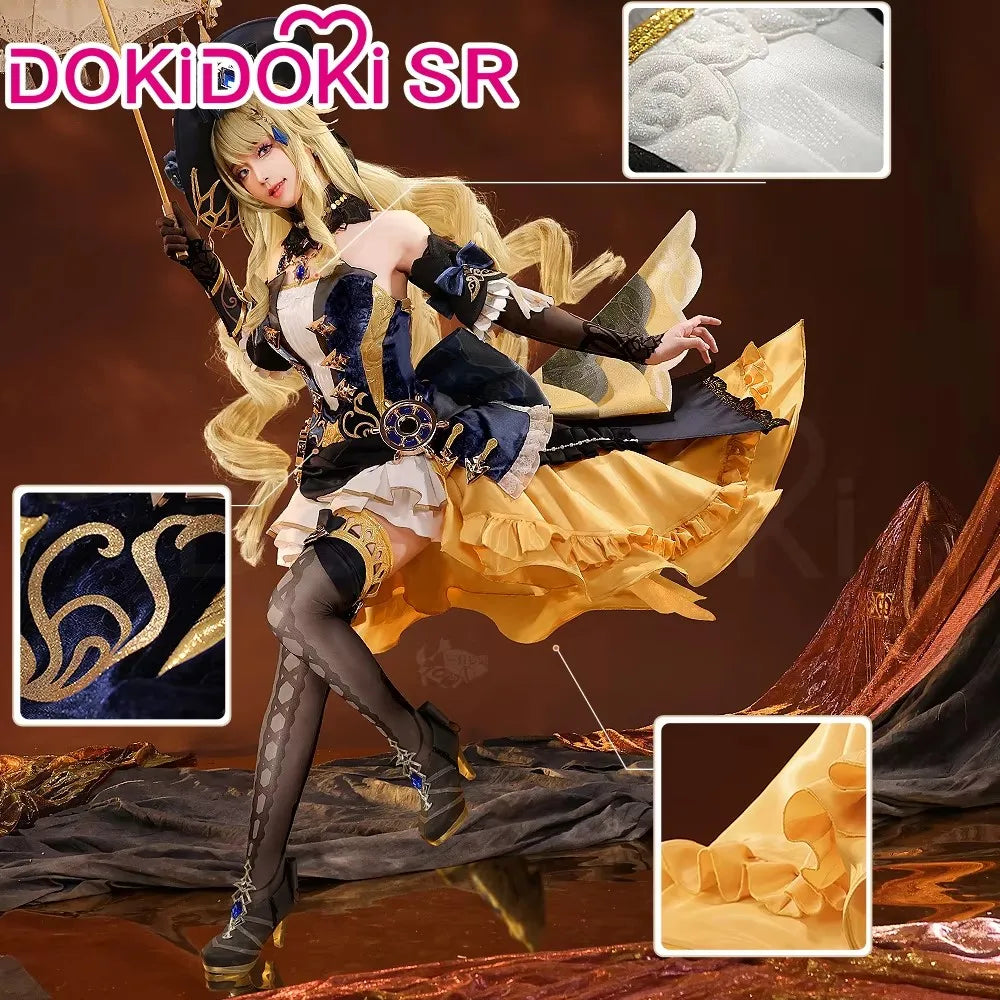 SR Kalite Navia cosplay and wig from Genshin Impact, featuring detailed costume and long, styled blue wig for fans and cosplayers