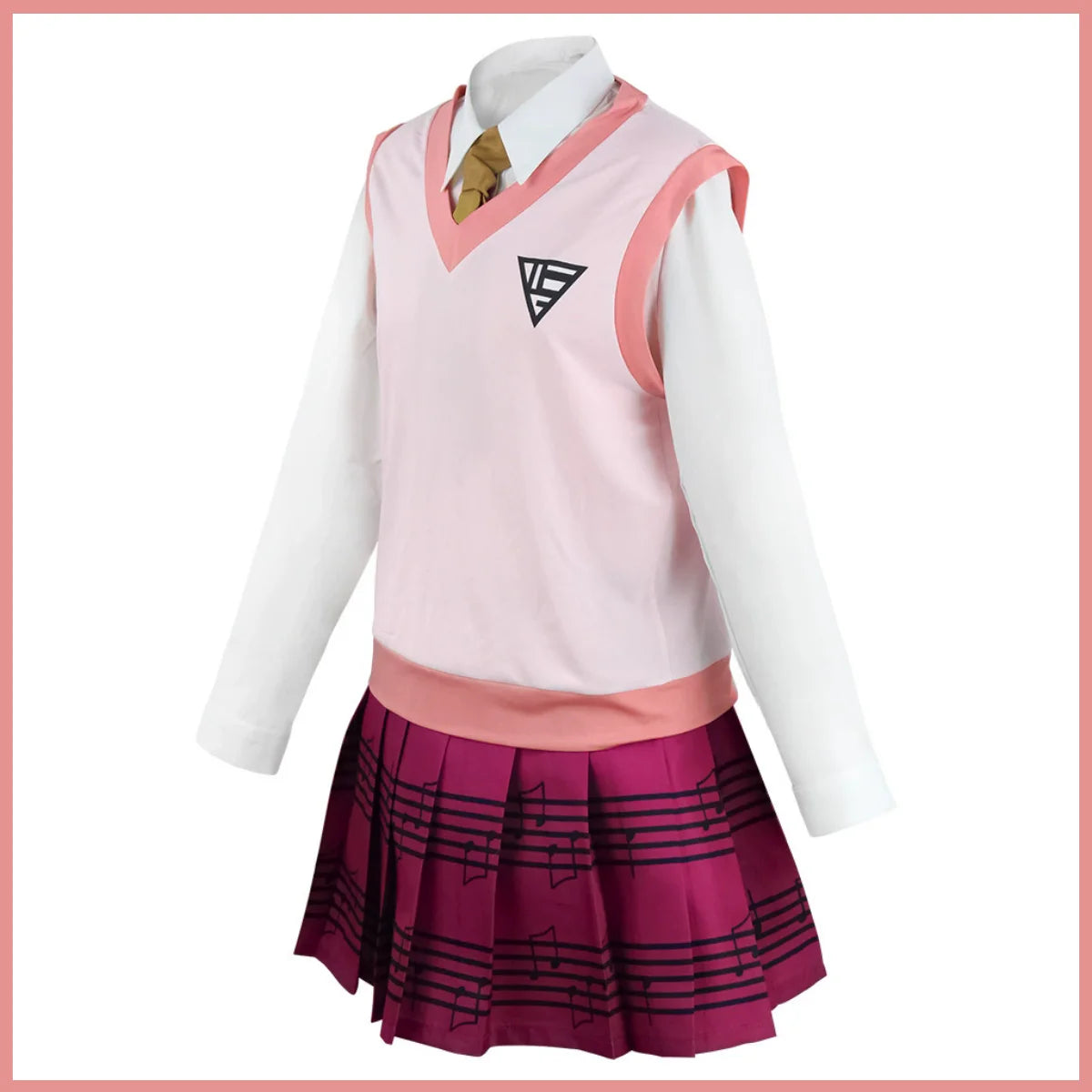 Kaede Akamatsu cosplay with wig from Danganronpa, featuring her signature outfit and styled pink hair, worn by a person in costume