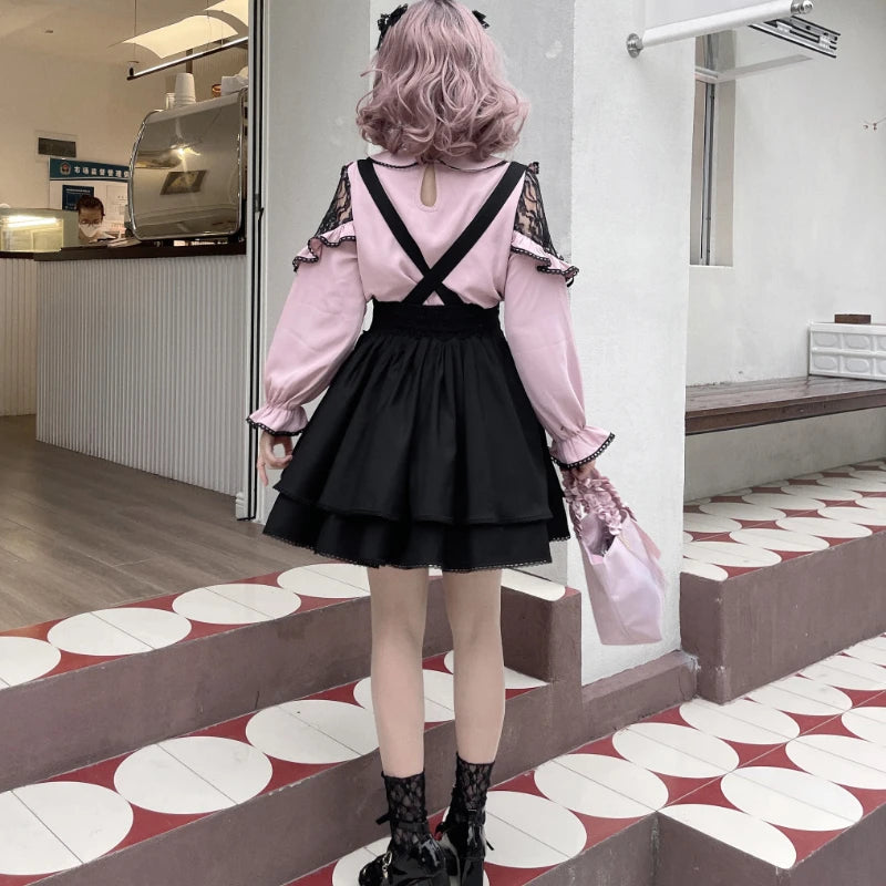 Pink and black Lolita blouse and skirt set with ruffles, featuring elegant details and a refined, feminine style from eprolo.