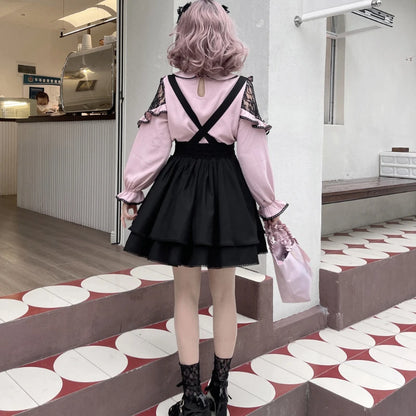 Pink and black Lolita blouse and skirt set with ruffles, featuring elegant details and a refined, feminine style from eprolo.