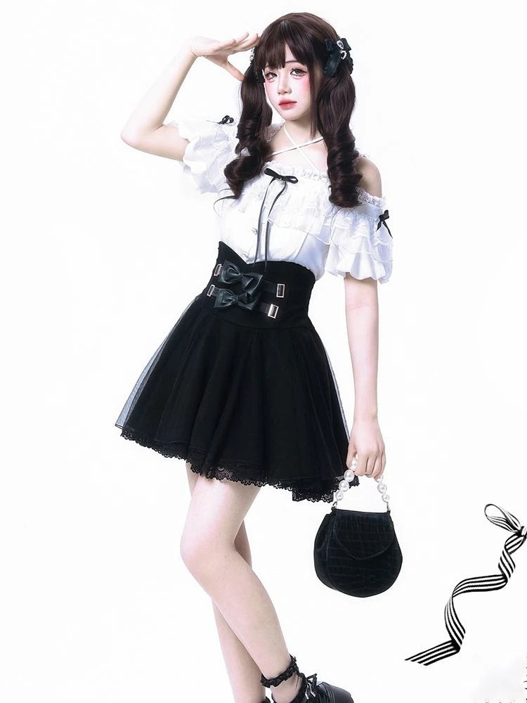 White lace detail blouse and skirt set with off-shoulder design and bow accents from eprolo, casual elegant fashion outfit
