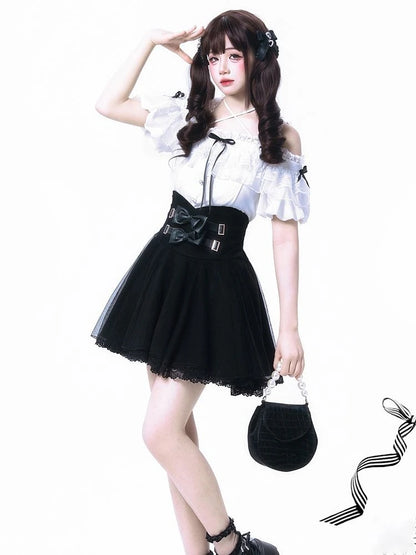 White lace detail blouse and skirt set with off-shoulder design and bow accents from eprolo, casual elegant fashion outfit