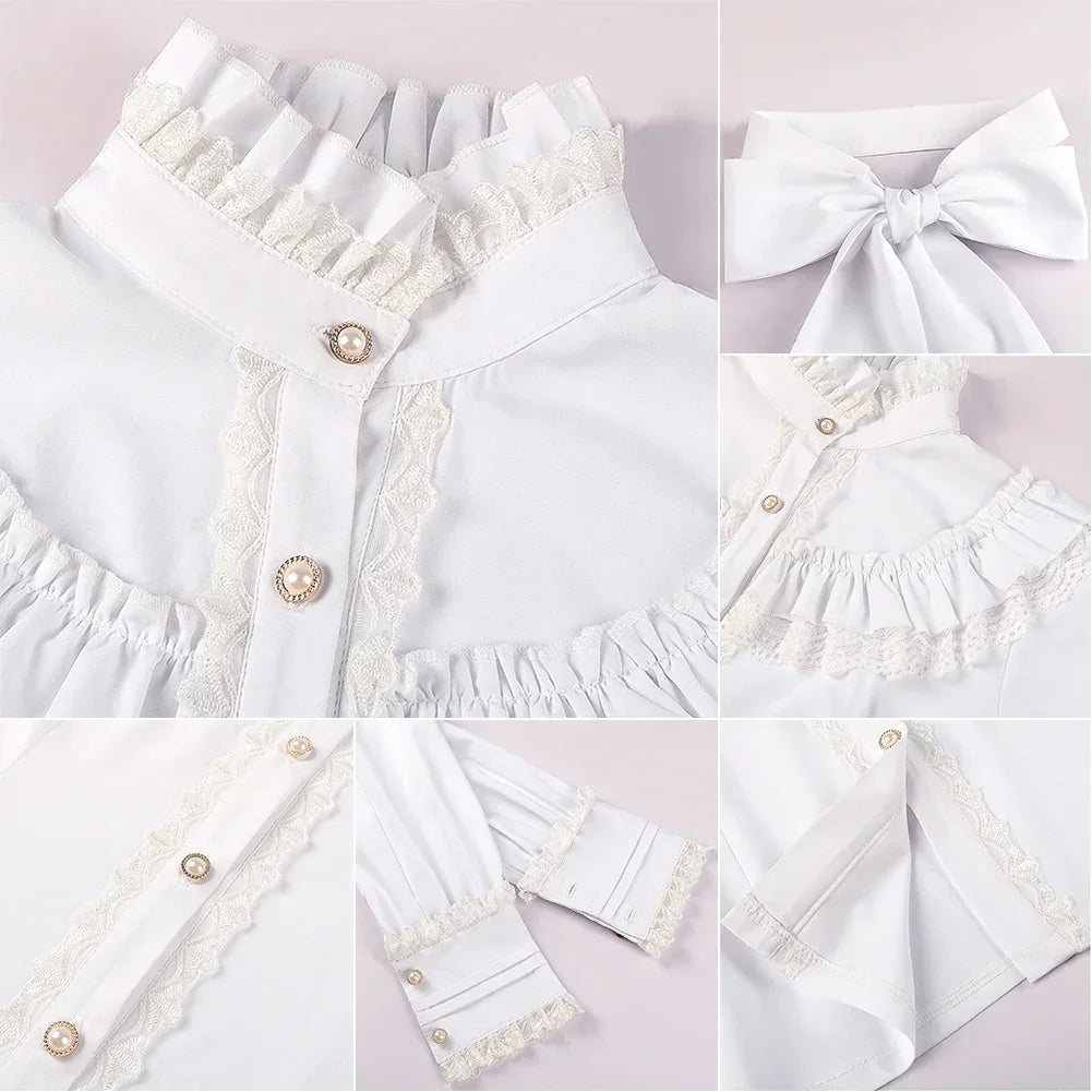 Victorian Lolita blouse by eprolo featuring lotus lace, ruffled long sleeves, slim fit vintage style top.