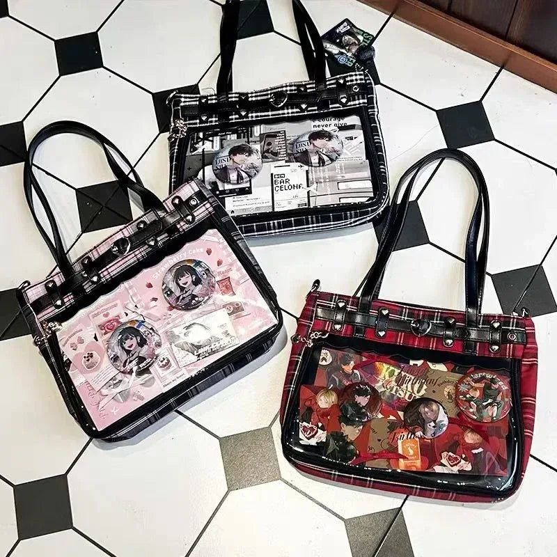 Eprolo Ekose desenli şeffaf cepli Ita bag, modern ve şık tasarım, şeffaf gövde ve ön cep detaylarıyla görünüm
