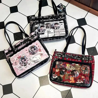 Eprolo Ekose desenli şeffaf cepli Ita bag, modern ve şık tasarım, şeffaf gövde ve ön cep detaylarıyla görünüm