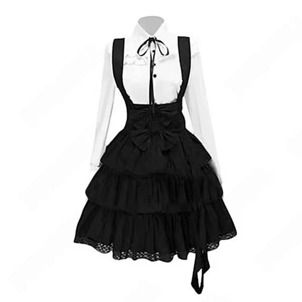 Black long-sleeve Lolita dress by eprolo featuring a fitted silhouette and elegant design, displayed on a hanger.