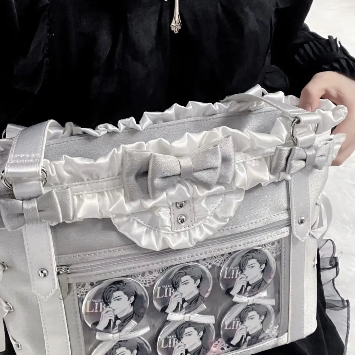 Eprolo Lolita Fiyonklu Ita Bag with pink and white design, featuring bow and detailed embroidery for a cute, stylish look.