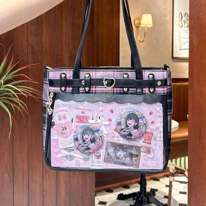 Clear Ita Bag with plaid pattern and front pocket by eprolo, featuring transparent design and functional storage space.