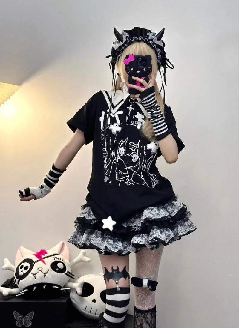 Vintage Lolita T-shirt and skirt set by eprolo featuring Japanese-inspired style and intricate design details.