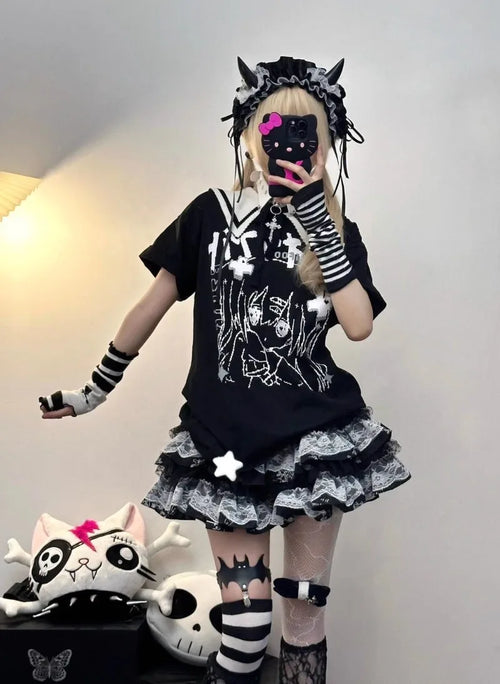 Vintage Lolita T-shirt and skirt set by eprolo featuring Japanese-inspired style and intricate design details.