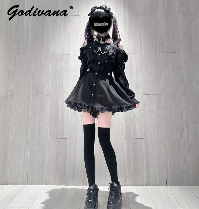 Eprolo shoulder-open lace detail dress and shorts set, stylish and elegant, shown in a high-quality fashion image.