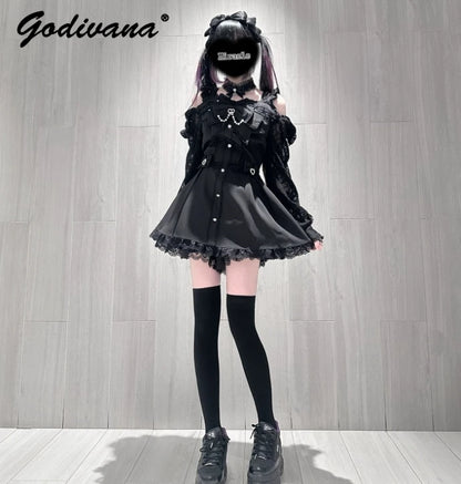 Eprolo shoulder-open lace detail dress and shorts set, stylish and elegant, shown in a high-quality fashion image.